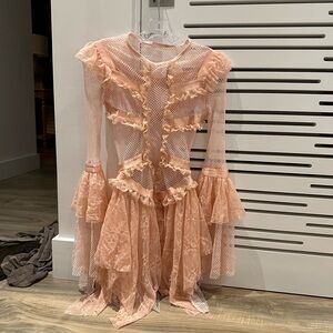 Pink Lace Ruffle Dress Costume with beige bodice adult M